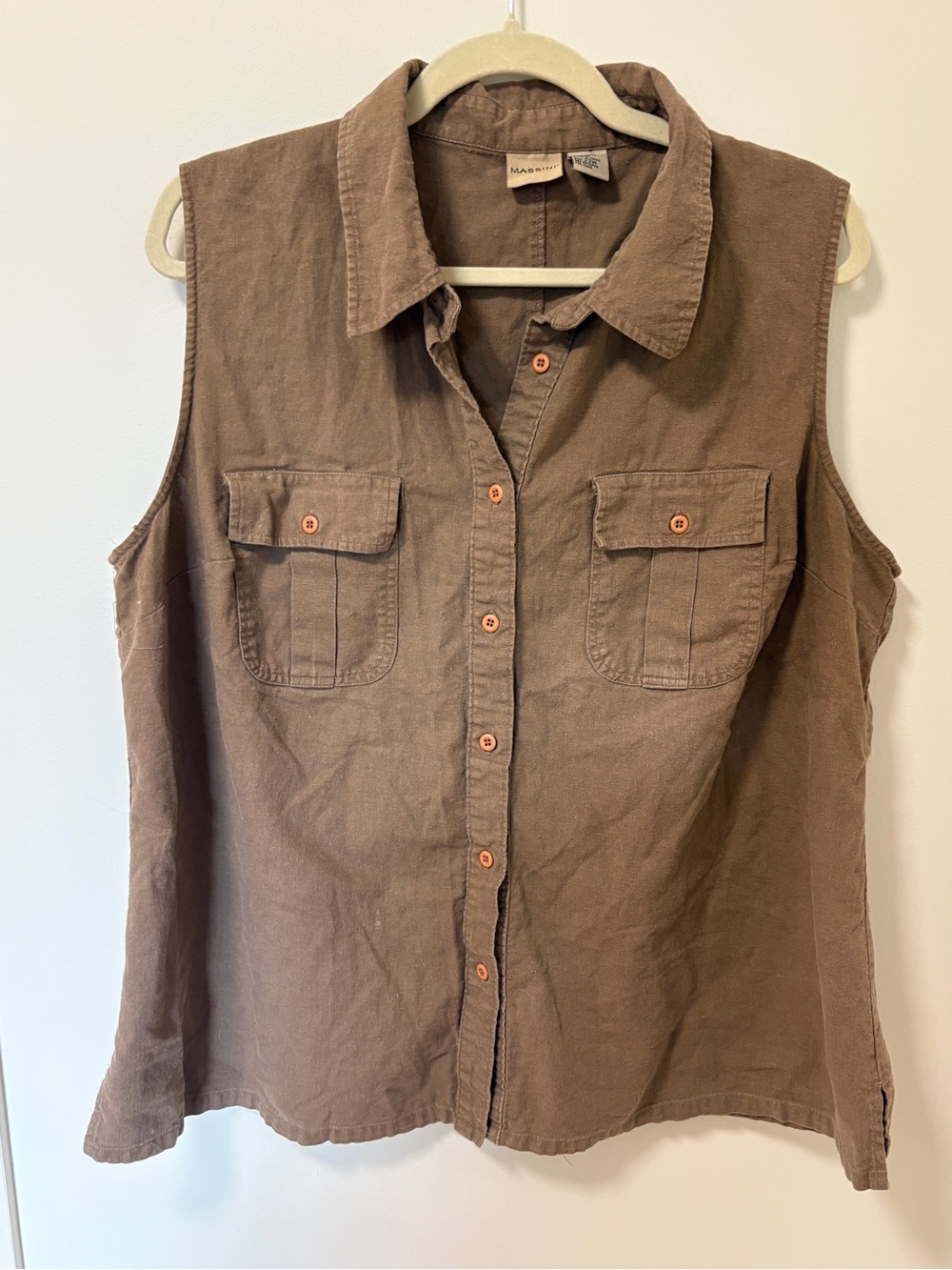 Vintage Massini Linen Sleeveless Blouse Vest Brown Button Front 22W Plus Casual